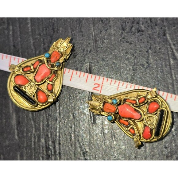 Vintage Gold-Toned Hindu Goddess Earrings Coral & Turquoise Stone Accents HS216 - Picture 5 of 5